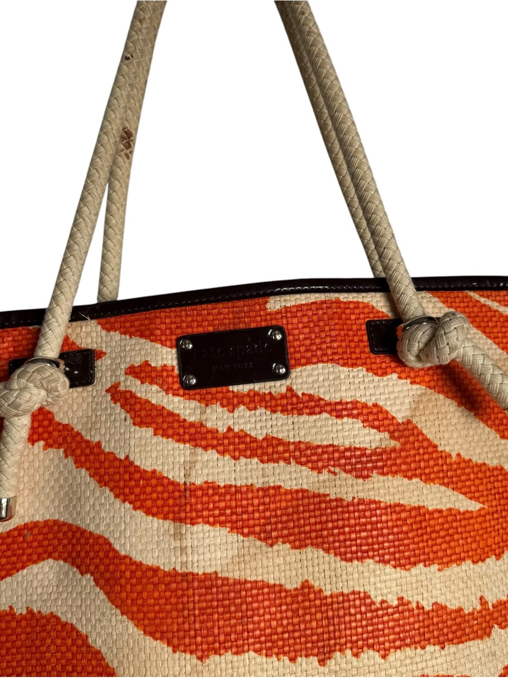Kate Spade Wicker and Rope Tote Bag Orange Beige Zebra Print Beach Vacation - Picture 4 of 16